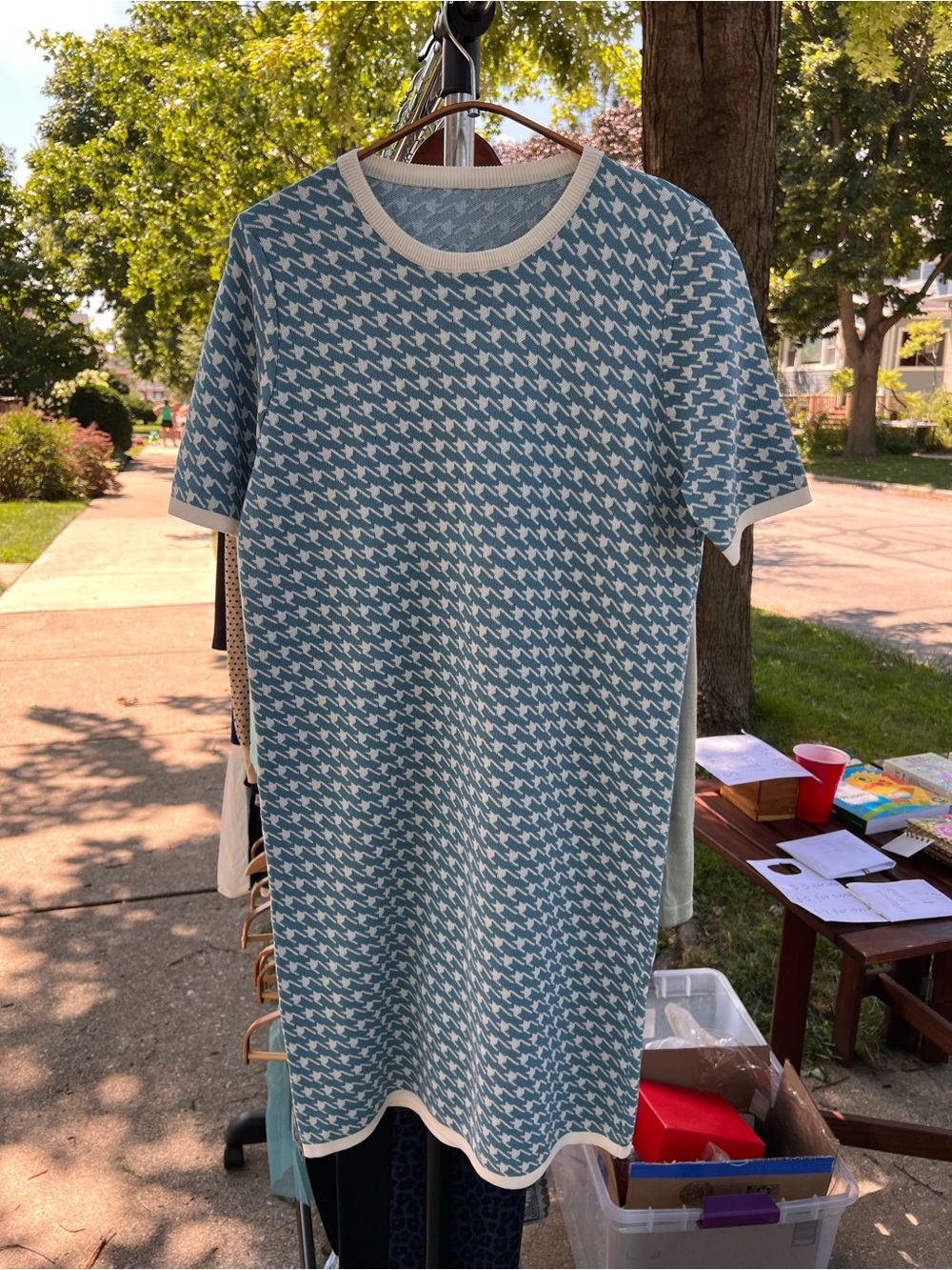 Blue Houndstooth Short Sleeve Mini Dress with White Trim